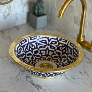 Lavabo en céramique fait main – Vasque artisanale marocaine bleue au design organique ( 42 cm x H 15 cm, 6,7 kg)