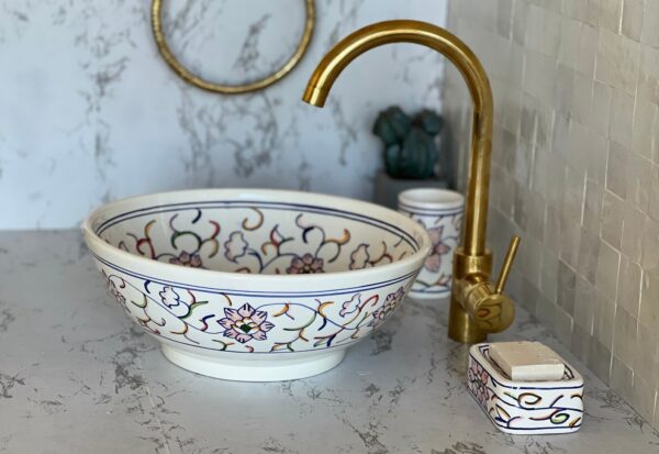 Vasque marocaine en céramique fait main – Élégance artisanale pour salle de bain raffinée ( 44 cm x H 15,5 cm, 6,9 kg) – Image 6